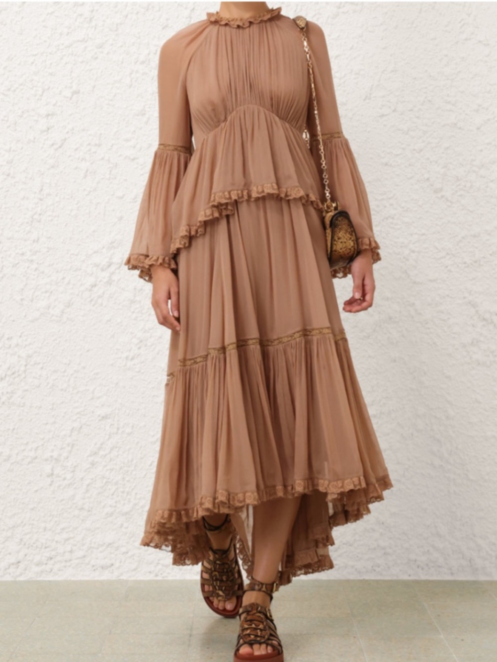 NWT New ZIMMERMANN Hypnotic Peplum Flutter Tiered Midi Dress in Biscuit Size 0 - Picture 8 of 13